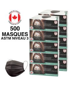 10 Boîtes de 50 Masques de procédure à 3 couches de niveau 3 - Noir - ASTM