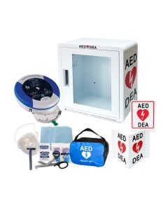 Ensemble HeartSine Samaritan 360P - Automatique - avec armoire, masque de poche pour RCR et affiches AED